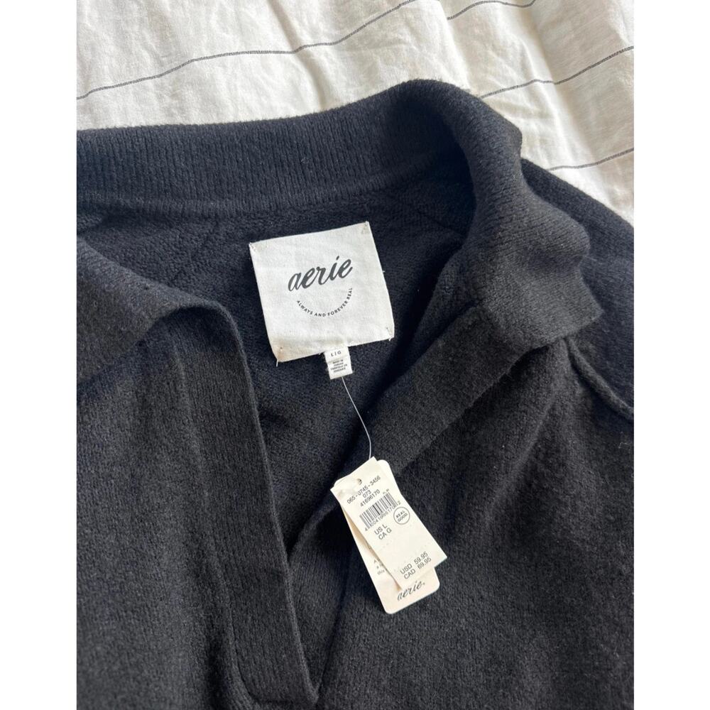 NWT Aerie unREAL Oversized Polo Sweater Black White Striped Collared Pullover - Picture 4 of 6